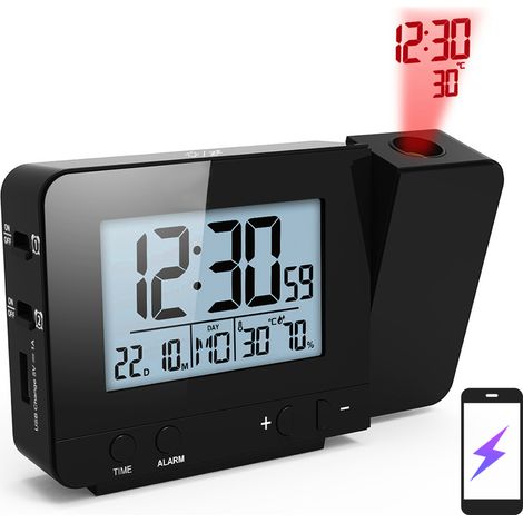 Réveil Projecteur Chambre avec Thermomètre Hygromètre Horloge Numérique Projection Plafond Affichage LED Variateur Chargeur USB Pivotable 180° Double Alarme 12/24H Snooze (1/4)