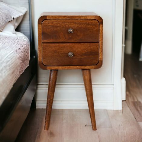 Table de chevet incurvée en bois massif, couleur châtaignier, 2 tiroirs, marron foncé, de haute qualité pour une utilisation à long terme (1/5)