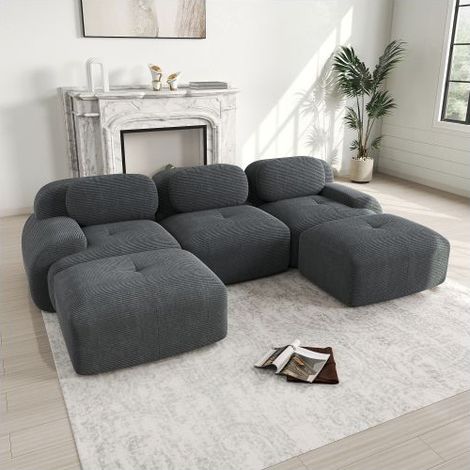 Canapé Modulable 298x178x75cm Velours Côtelé Gris Sans Montage - Canapé Composable - Forme U 3 Places Ergonomique 32D Antidérapant (1/5)