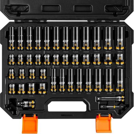 43-teiliges Schlagschrauber-Stecknuss-Set 3/8 Zoll CR-MO Stahl Metrisch & SAE Tief & Flach (1/5)