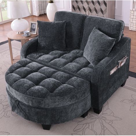Canapé convertible en tissu noir avec ottoman de rangement, structure en eucalyptus, 132x129x93 cm (1/5)
