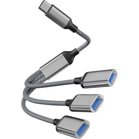 Hub de câble répartiteur gris Type-C, câble d'alimentation Type-C 3.0 A mâle vers 3 USB femelles, pour le chargement/transfert de do (1/4)