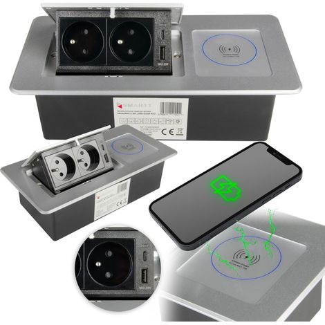 Prise de comptoir rétractable, 2 ports USB, 2 chargeurs à induction 230 V, boîtier en aluminium. (1/5)