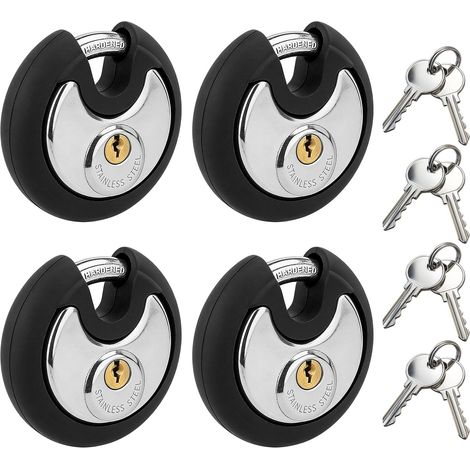 Lot de 4 serrures à anse rondes de 70 mm, cadenas avec 8 clés, serrure ronde avec manille en acier inoxydable, serrure à disque ronde résistante aux intempéries (1/5)
