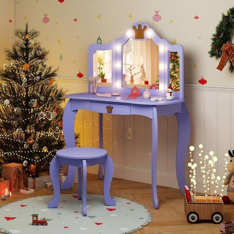 Coiffeuse enfant avec miroir lumineux, miroir 3 volets et tabouret, luminosité réglable, chambre 3-7 ans (1/5)