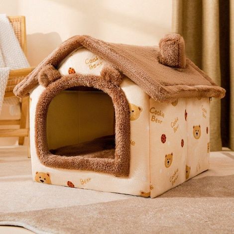 Lit De Grotte pour Chat et Chien, Igloo en Peluche Chaud, Maison Pliable et Confortable, Fond Antidérapant (S, Ours Brun) (1/5)
