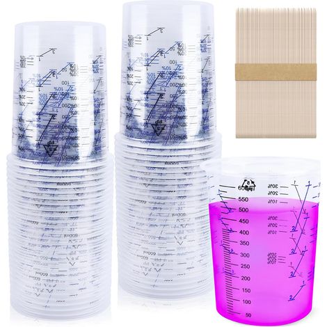 Paint Mixing Cups 600 ml Set of 50 Plastic Measuring Cups with Clear Scale and Stirring Bar for Laboratory Car Craft Moulding Painting DIY Epoxy Resin (1/5)