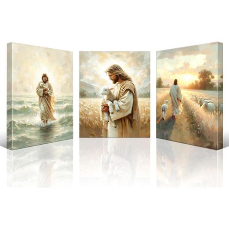 Lot de 3 tableaux décoratifs Jésus et l'agneau 30x40cm sur toile imprimée (1/5)