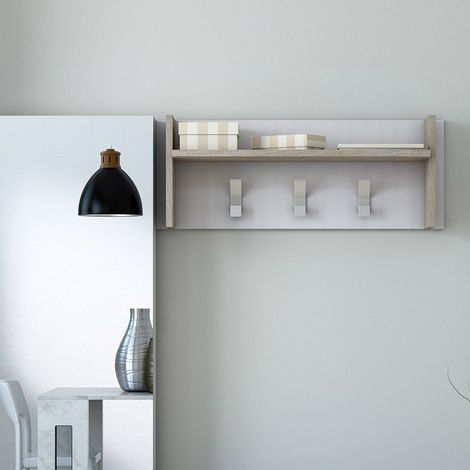 Kleiderbügelpaneel mit großem Regal und 3 Haken aus weißer Eiche (1/5)
