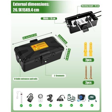 Boîte de Câble Etanche,26.1x15x9.4 CM Boite Etanche,Boite Etanche Electrique Exterieu,6 Entrée de Joint de Câble,IP54 Boite Rangement Cable,pour Timer Outlet Plug,Minuteries,Rallonges,Câbles (1/3)