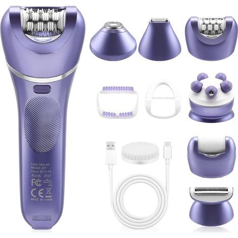 Kit d'épilation 7 en 1 pour femmes, épilateur sans fil utilisable sur peau sèche ou humide avec lumière LED, épilateur visage et corps, étanche IPX7, autonomie de 90 minutes (1/5)