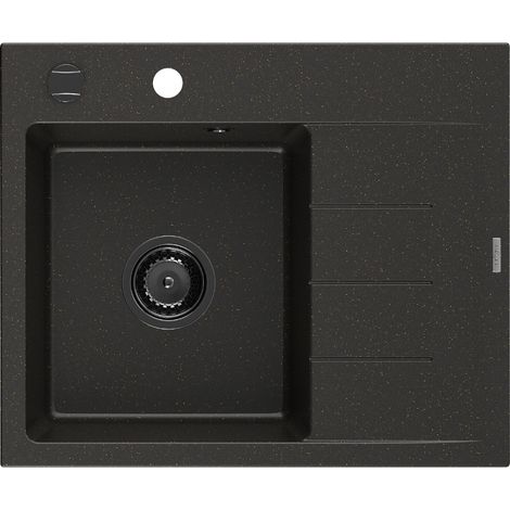 Mexen Ben évier en granit 1 bac avec égouttoir gauche 600 x 500 mm, noir/doré métallisé, siphon noir - 6522605000-75-B (1/5)