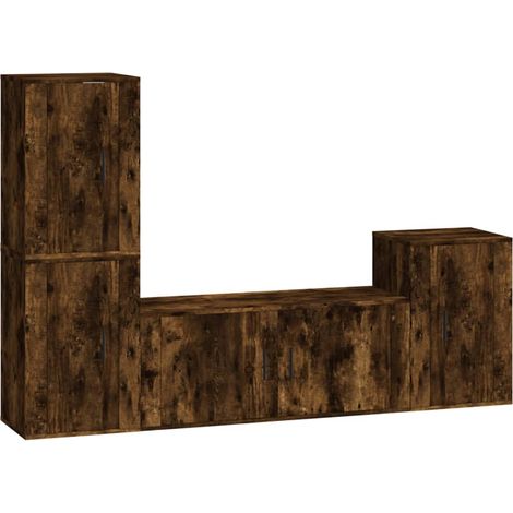 Conjunto de muebles mueble aparador TV televisión salón dormitorio salón 4 piezas roble ahumado madera de ingeniería marrón 020024787