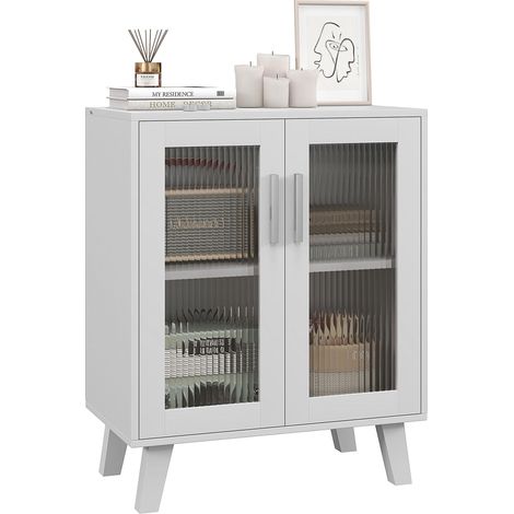 Buffet 2 portes, buffet de salon avec 2 étagères, portes transparentes pour cuisine ou entrée, blanc, 61 x 35 x 75 cm (1/5)