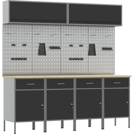 10 Piece Work Cabinet and Pegboard Set Black MDF and Metal vidaXL (1/4)