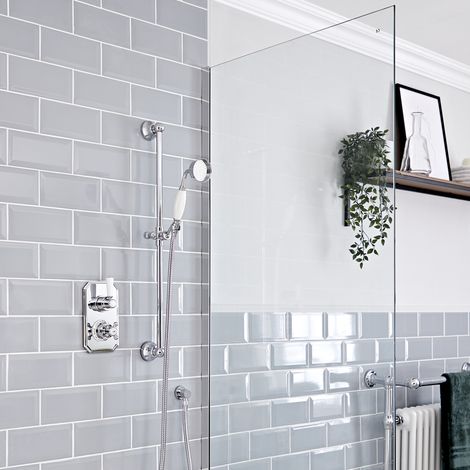 Hudson Reed Elizabeth - Kit de douche rétro - Mitigeur thermostatique à une fonction et kit douchette sur rampe avec douchette&44 flexible&44 rampe et raccord coudé - Chromé et Blanc (1/5)