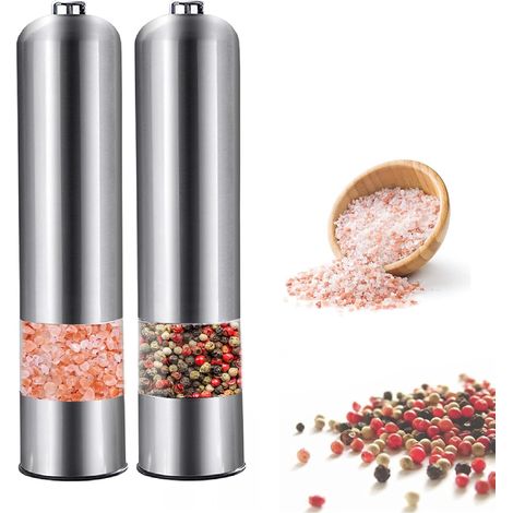 Moulin à sel et poivre électrique automatique, lot de 2, acier inoxydable, broyeurs à épices à piles, usage à une main, bouton poussoir, pour grains de poivre (1/5)