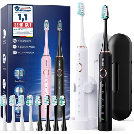 Electric Toothbrush - Set of 2 Toothbrush with 10 Brush Heads and Travel Case, 5 Modes, IPX7 Waterproof, Electric Toothbrush, Black and White (1/5)