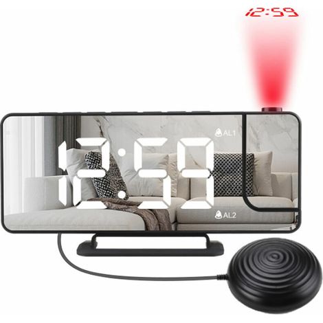 Vibrating alarm clock with projected LED mirror, digital clock with HD display, USB output (battery not included). (1/5)