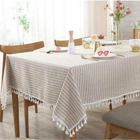 Mantel de lino y algodón a rayas con borlas,Cubremesas antipolvo,Ideal como decoración de mesa en la cocina y el comedor (130 x 180 cm) (1/5)