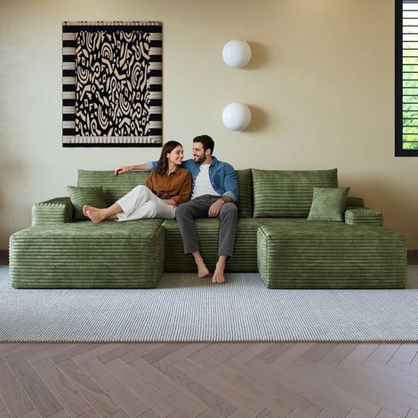 Canapé Modulable 270x175x83cm Sans montage - Canapé d'angle - 4 places, Velours côtelé vert, Pouf inclus, Assise profonde (1/5)