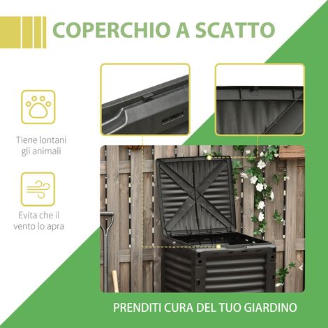 Compostador de jardín, 300 litros, de plástico negro, para uso doméstico, con tapa a presión.