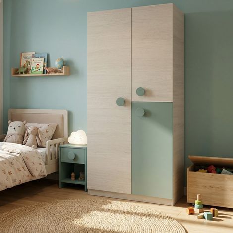 Dmora - Guardarropa Dgorett, Armario dormitorio, Mueble con 3 puertas y 3 baldas con barra perchero, 90x52h200 cm, Gris y verde azulado (1/5)