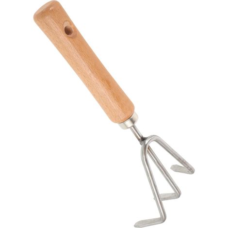 Petit râteau à trois dents en acier inoxydable et manche en bois pour desserrer le sol et enlever les mauvaises herbes pour le camping et les activités de plein air comme outil pratique pour (1/5)