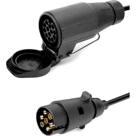 Adaptateur Remorque - 7 Broches vers 13 Broches - Câble Spiralé 2 m - Compatible Systèmes 12 V - Pour Camping-cars Caravanes Tracteurs Remorques