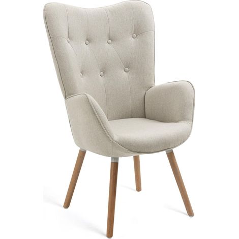 Fauteuil Salon Scandinave Confortable Chaise de Coiffeuse Canapé de Loisirs pour Chambre Salle à Manger Bureau avec Assise Épais Accoudoirs Rembourés en Tissu Pieds Bois Massif, Beige (1/5)