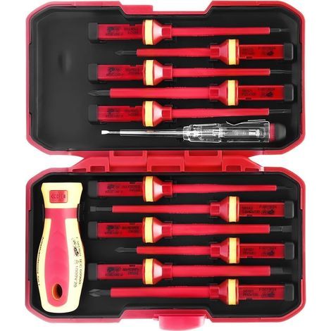 13 Pièces Set Tournevis Électricien VDE, Outils Isolation Magnétique, Testeur Aimanté, Design Isolé, avec Étui de Rangement (1/5)