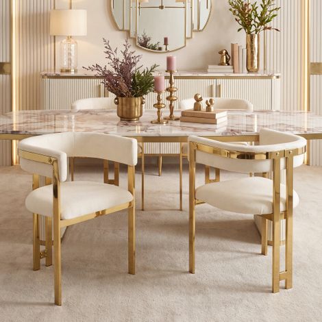 Lot de 4 chaises de salle à manger en chenille beige et or, dossier demi-cercle C, structure métallique dorée, montage facile (1/5)