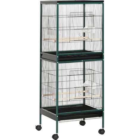 Grande Cage à Oiseaux sur pied double avec mangeoires perchoirs plateau amovible roulettes - Dim. 51,5L x 50l x 140H cm (1/5)