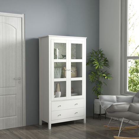 Vitrine/buffet de cuisine avec 2 portes vitrées, 3 étagères et 2 tiroirs, idéal pour le salon, la salle à manger ou le bureau. Dimensions : 80 x 40 x 160 cm, blanc.