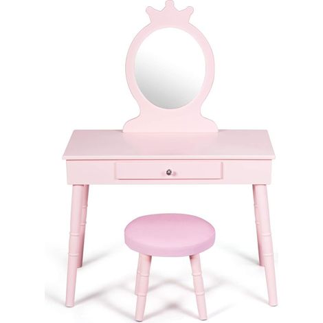 COSTWAY Tocador de Maquillaje con Taburete y Espejo para Niña de Madera 70x34x100 centímetros Mesa de Belleza con Cajón (Rosa) (1/5)