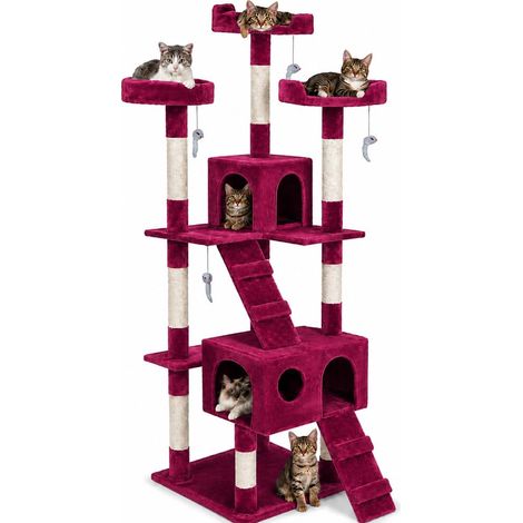 Arbre à Chat Griffoir pour Chats XXL Multiniveau en sisal H170 cm, Tour de Jeux Maison pour Chat Accessoire Grattoir Niche Couchage Panier Lit pour Chats Jeu à Souris Echelle (Rouge vin) (1/5)