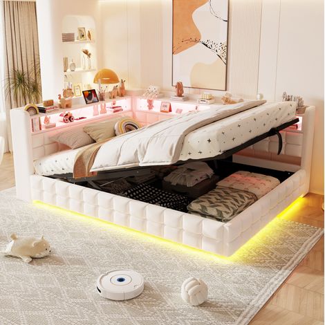 Polsterbett mit Stauraum 140 x 200 cm, LED, USB- und Typ-C-Anschlüsse, beige, OKMYHOME (1/5)