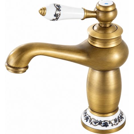 Mitigeur Lavabo Rétro en Laiton Brossé avec Poignée Céramique Florale Eau Chaude et Froide (1/5)