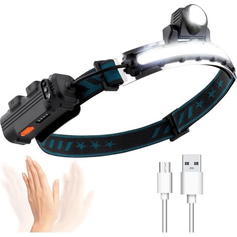 Linterna frontal LED con 6 modos de iluminación, sensor inteligente, batería 18650, resistente al agua, ideal para senderismo, ciclismo y acampada. (1/5)