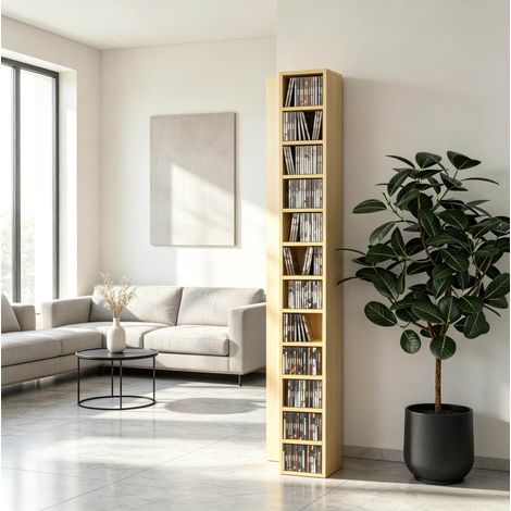 CD Regal Turm (21x20x175 cm), für Ecken, 12 Ebenen, für 204 CDs, MDF und Spanplatte, Naturholz (1/5)