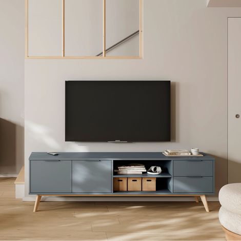 Meuble TV 2 portes 2 tiroirs 180x40x53 cm en pin vert grisé - KLIMEA (1/5)