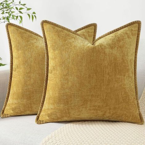 Lot de 2 housses de coussin décoratives en velours chenille doux 45 x 45 cm, style campagnard, neutres, pour canapé, lit, décoration d'intérieur, jaune minéral (1/5)