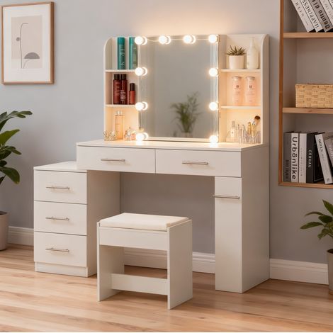 Tocador in MDF bianco con specchio, cassetti, LED e sgabello imbottito (1/5)