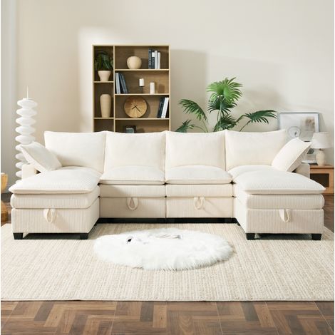 Divano modulare 280x151x82 cm beige in velluto a coste con 2 pouf, contenitori, porte USB e portabicchieri (1/5)