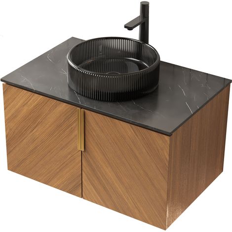 Meuble de salle de bain suspendu 76 cm avec vasque ronde en verre noir transparent, plan de travail en pierre sinterisée noire, armoire en contreplaqué couleur chêne brun à 2 portes (1/5)