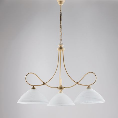 Elfenbeinfarbener Kronleuchter aus Eisen, drei Lichter, Lampenschirme aus weißem Alabasterglas 78x h65 cm