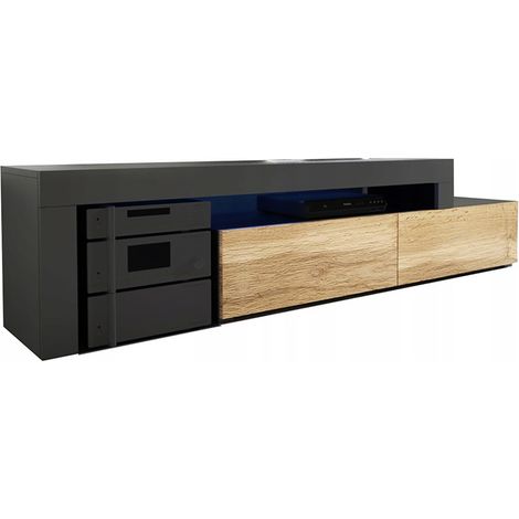 Dusine – Meuble TV extensible noir et bois – Largeur 37 cm – Longueur 148 à 280 cm – Hauteur 45 cm – Lumières LED USB multicolores incluses (1/4)