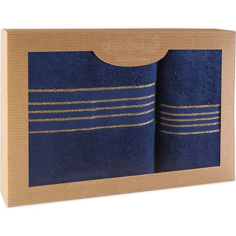 Toalla de algodón, juego de 2 toallas en una caja, 50x90 y 70x140, azul marino (1/5)