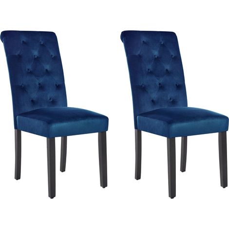 Set di 2 sedie da pranzo in velluto Gambe nere in legno di caucciù Botton Tuft Sala da pranzo Elegante Blu Velva