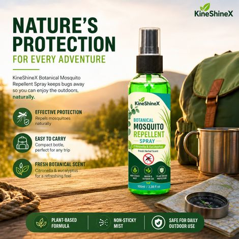KineShineX Outdoor Mosquito Repellent Spray 100ml - Refreshing and non-sticky, lemongrass and eucalyptus scented for camping and outdoor use. (1/4)